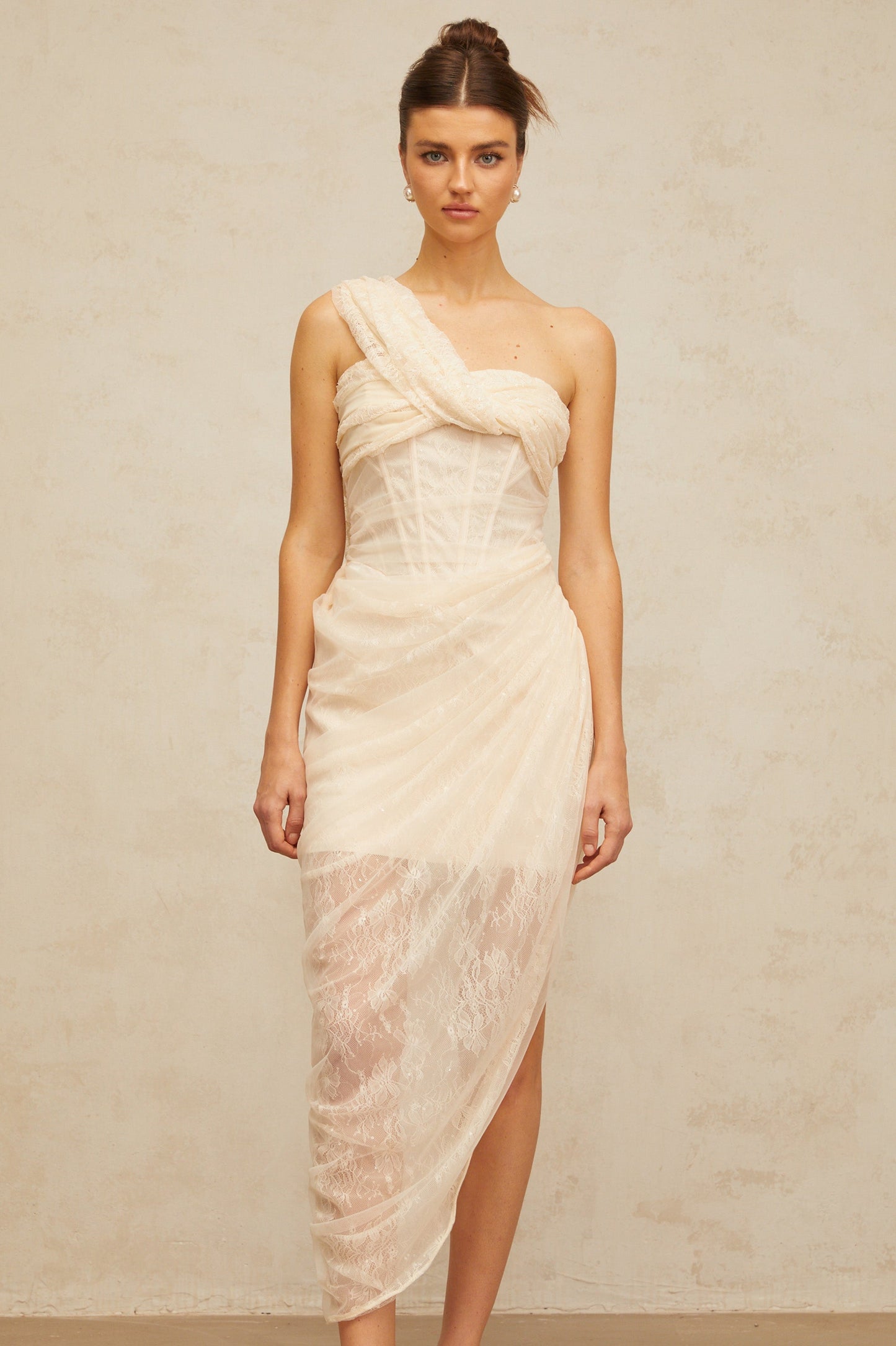 Pétunia gathered tulle-panel floral-lace midi dress
