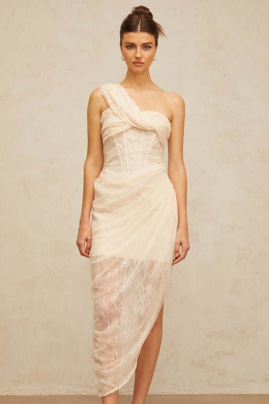 Pétunia gathered tulle-panel floral-lace midi dress