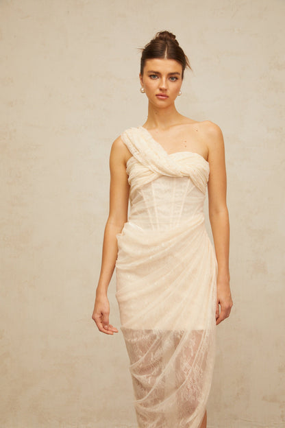 Pétunia gathered tulle-panel floral-lace midi dress