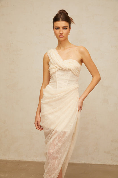 Pétunia gathered tulle-panel floral-lace midi dress
