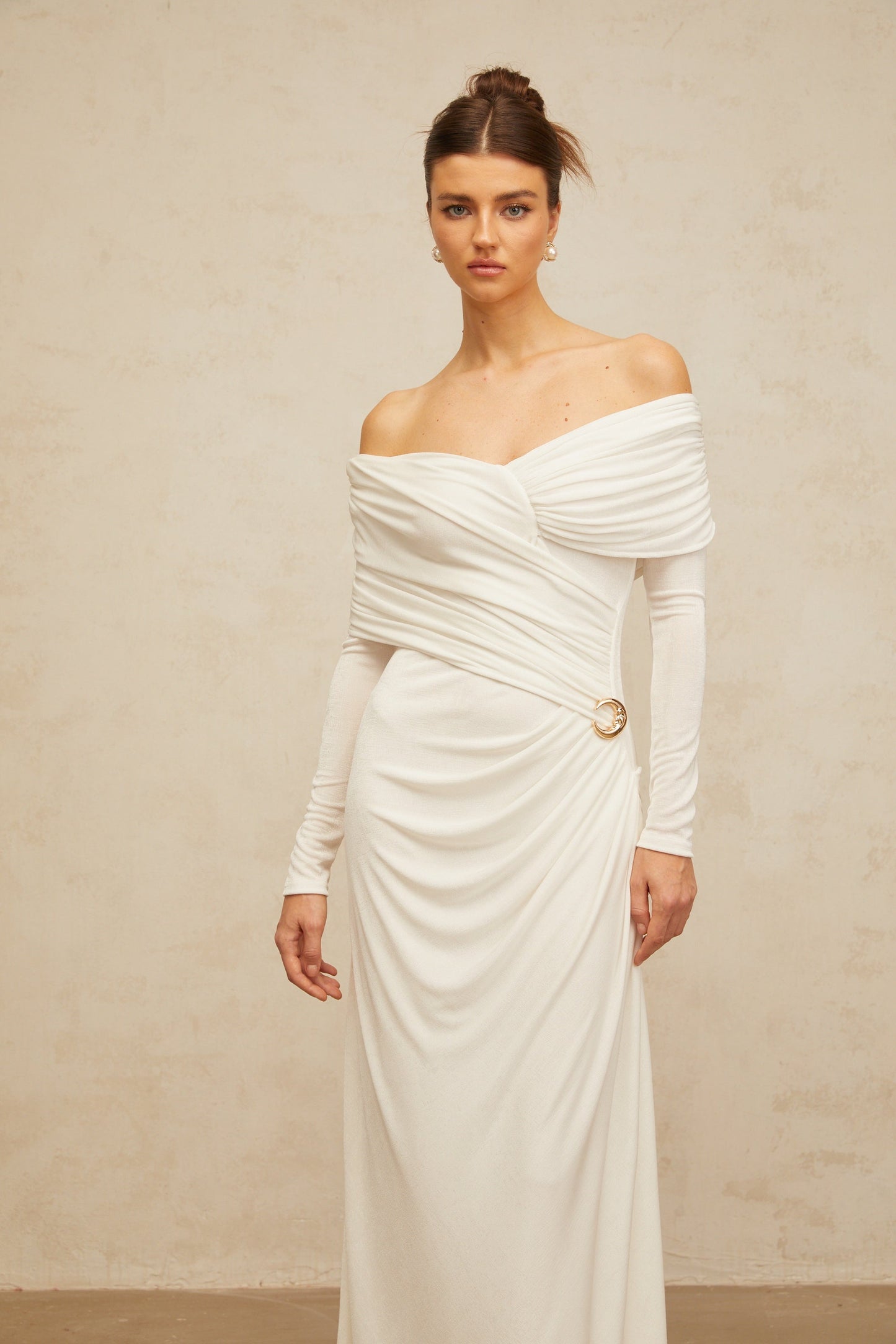 Hélène ruched fitted stretch maxi dress in White