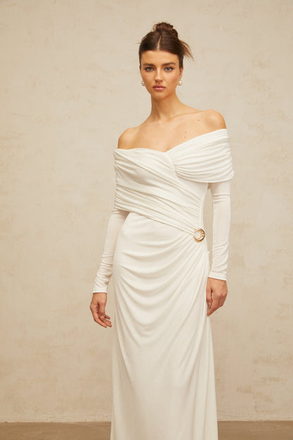 Hélène ruched fitted stretch maxi dress in White