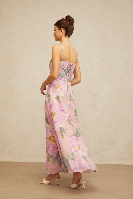 Gaëlle pink floral-print draped maxi dress