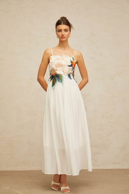 Josette floral-embroidered shirred maxi dress in White