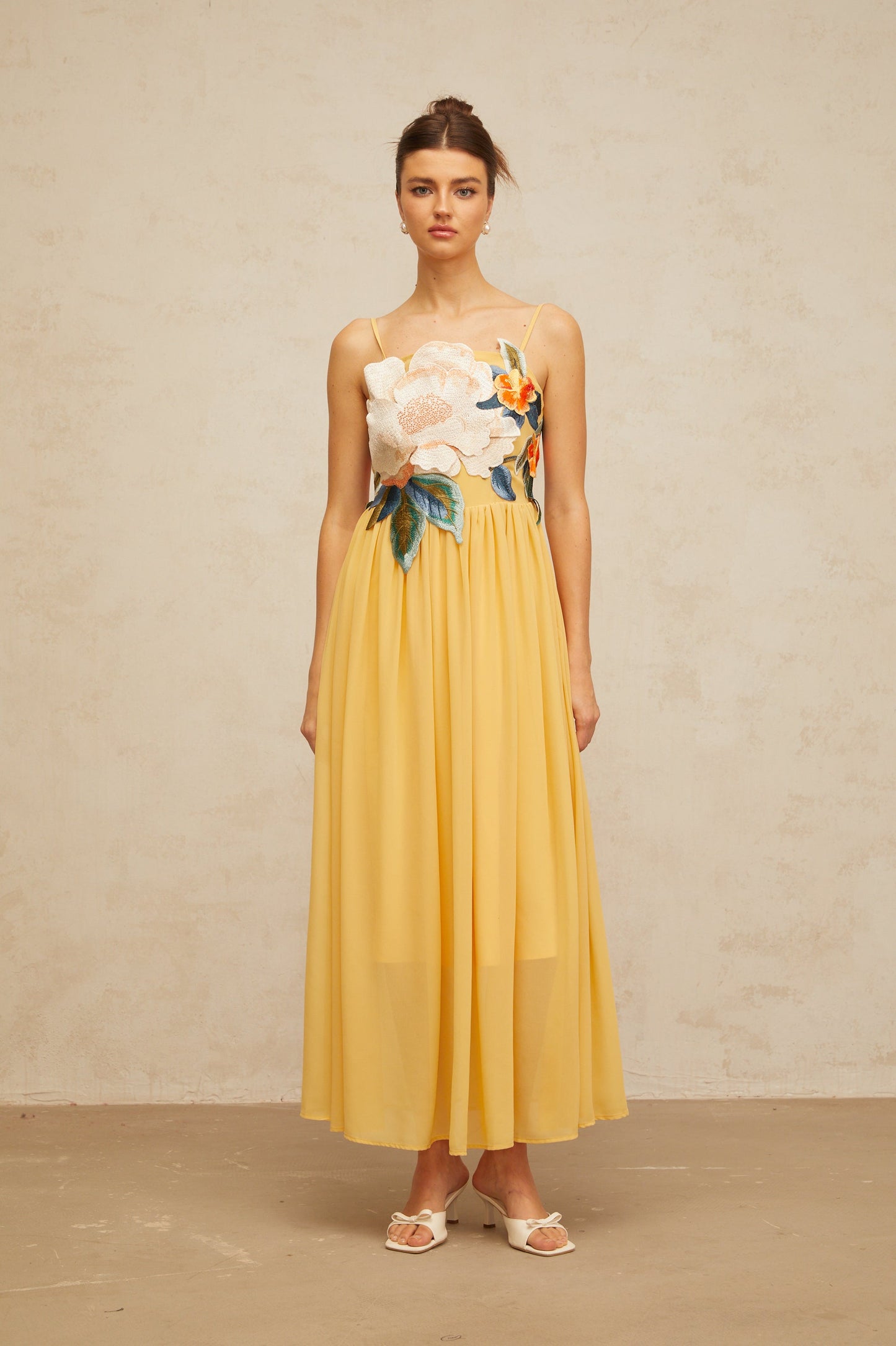 Josette floral-embroidered shirred maxi dress in Yellow