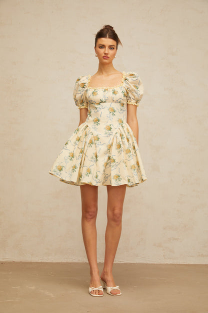 Tiphaine yellow floral-print shirred mini dress