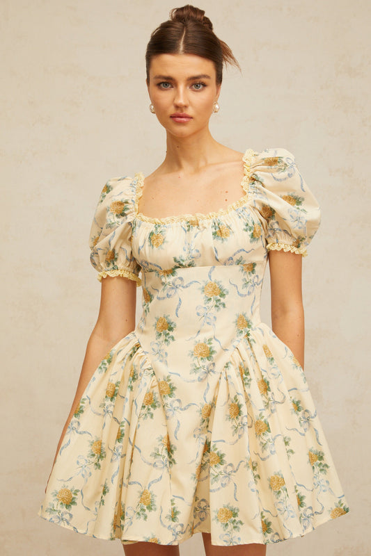 Tiphaine yellow floral-print shirred mini dress