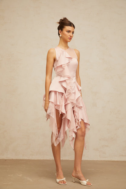 Calliopée pink asymmetrical ruffled panelled top & skirt matching set