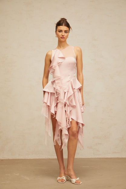 Calliopée pink asymmetrical ruffled panelled top & skirt matching set
