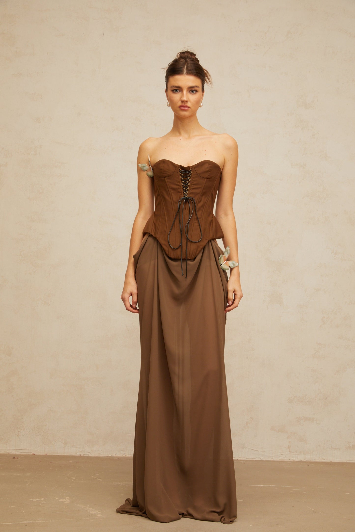 Eva brown butterfly-pin-detail corset maxi dress