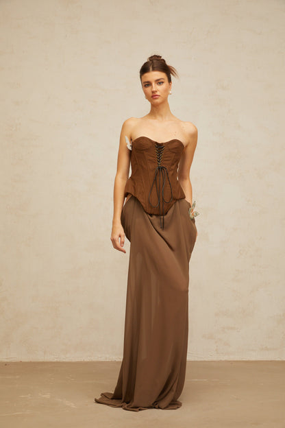 Eva brown butterfly-pin-detail corset maxi dress