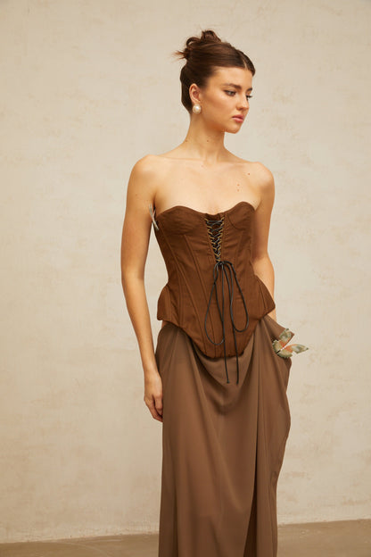 Eva brown butterfly-pin-detail corset maxi dress