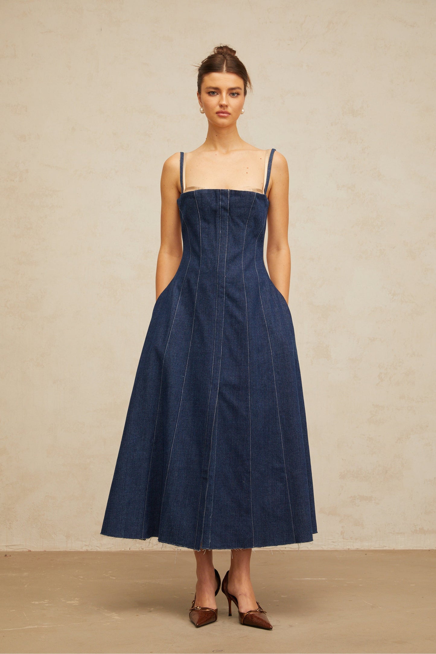 Uralie indigo-blue panelled denim midi dress