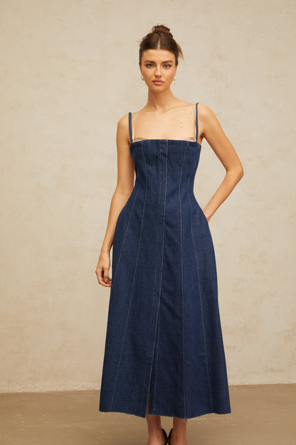 Uralie indigo-blue panelled denim midi dress
