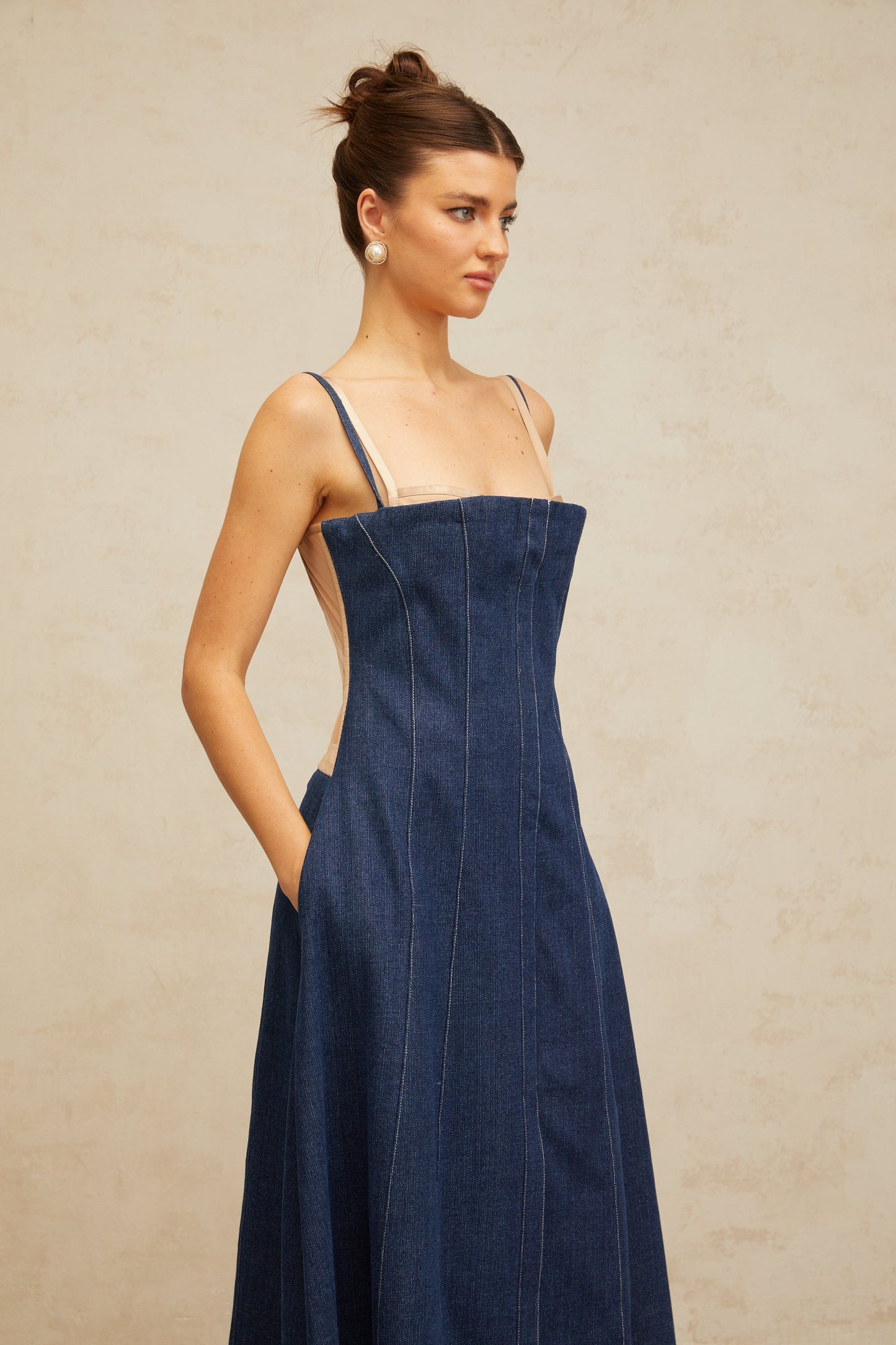 Uralie indigo-blue panelled denim midi dress