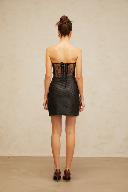 Gabrielle black floral-lace corset & leather skirt matching set