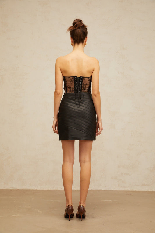 Gabrielle black floral-lace corset & leather skirt matching set