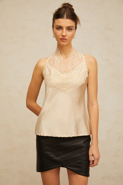 Aveline neutrals floral-lace panelled satin top