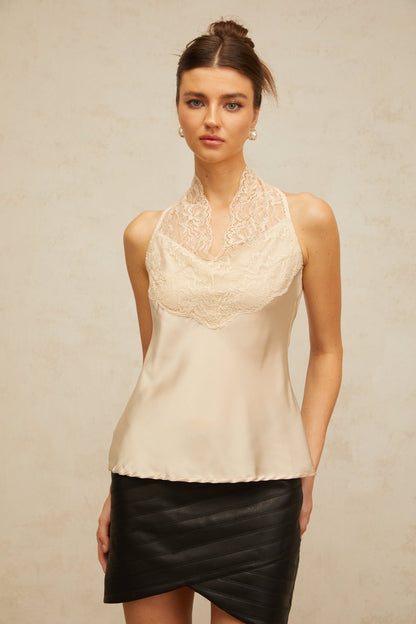 Aveline neutrals floral-lace panelled satin top