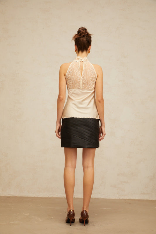 Aveline neutrals floral-lace panelled satin top