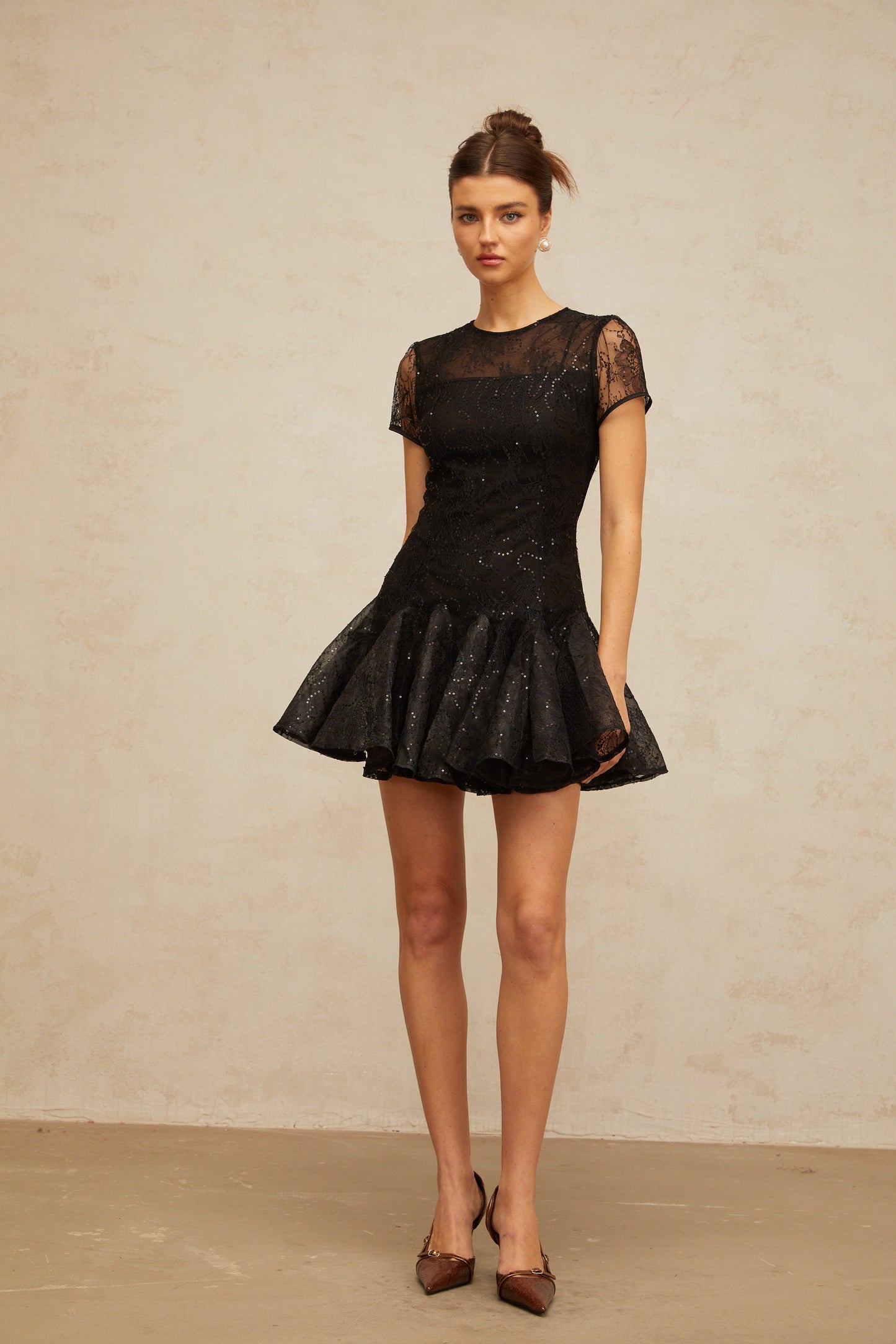 Lara black sequin-embellished flared mini dress
