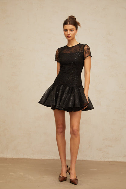 Lara black sequin-embellished flared mini dress