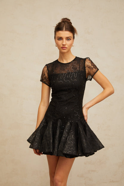 Lara black sequin-embellished flared mini dress