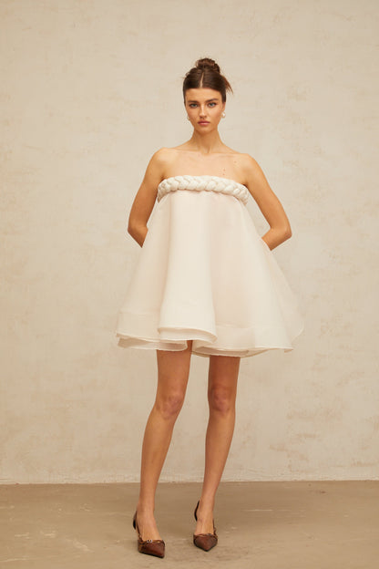 Violette white braid-detail puff mini dress