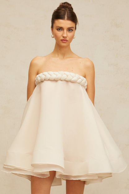 Violette white braid-detail puff mini dress