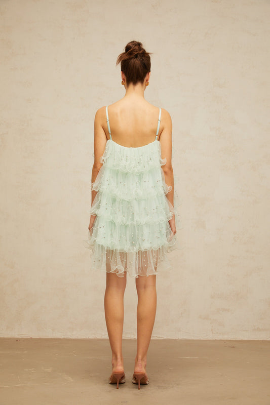 Airelle light-green embellished tiered tulle mini dress