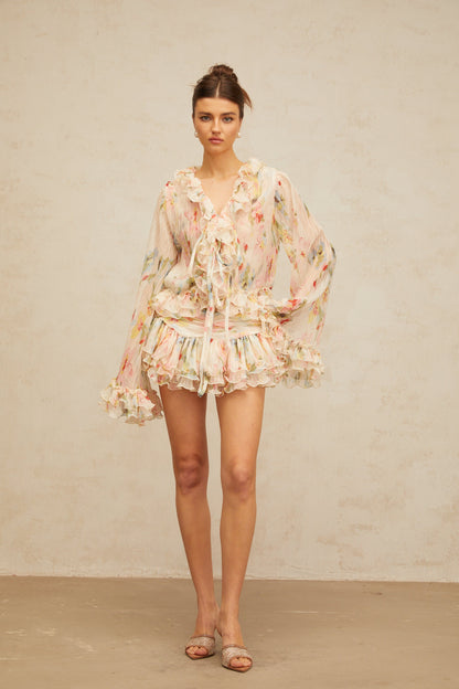 Donatienne floral-print ruffled blouse & skirt matching set