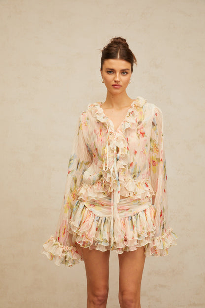 Donatienne floral-print ruffled blouse & skirt matching set