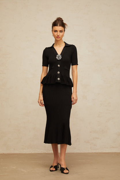 Félicie black embellished pointelle-knit midi dress