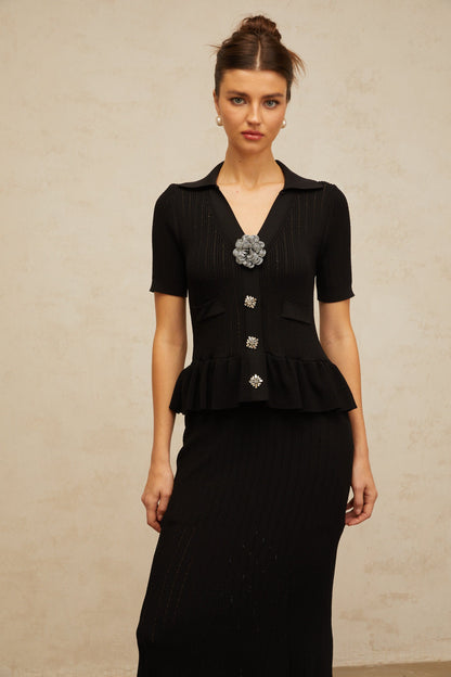 Félicie black embellished pointelle-knit midi dress