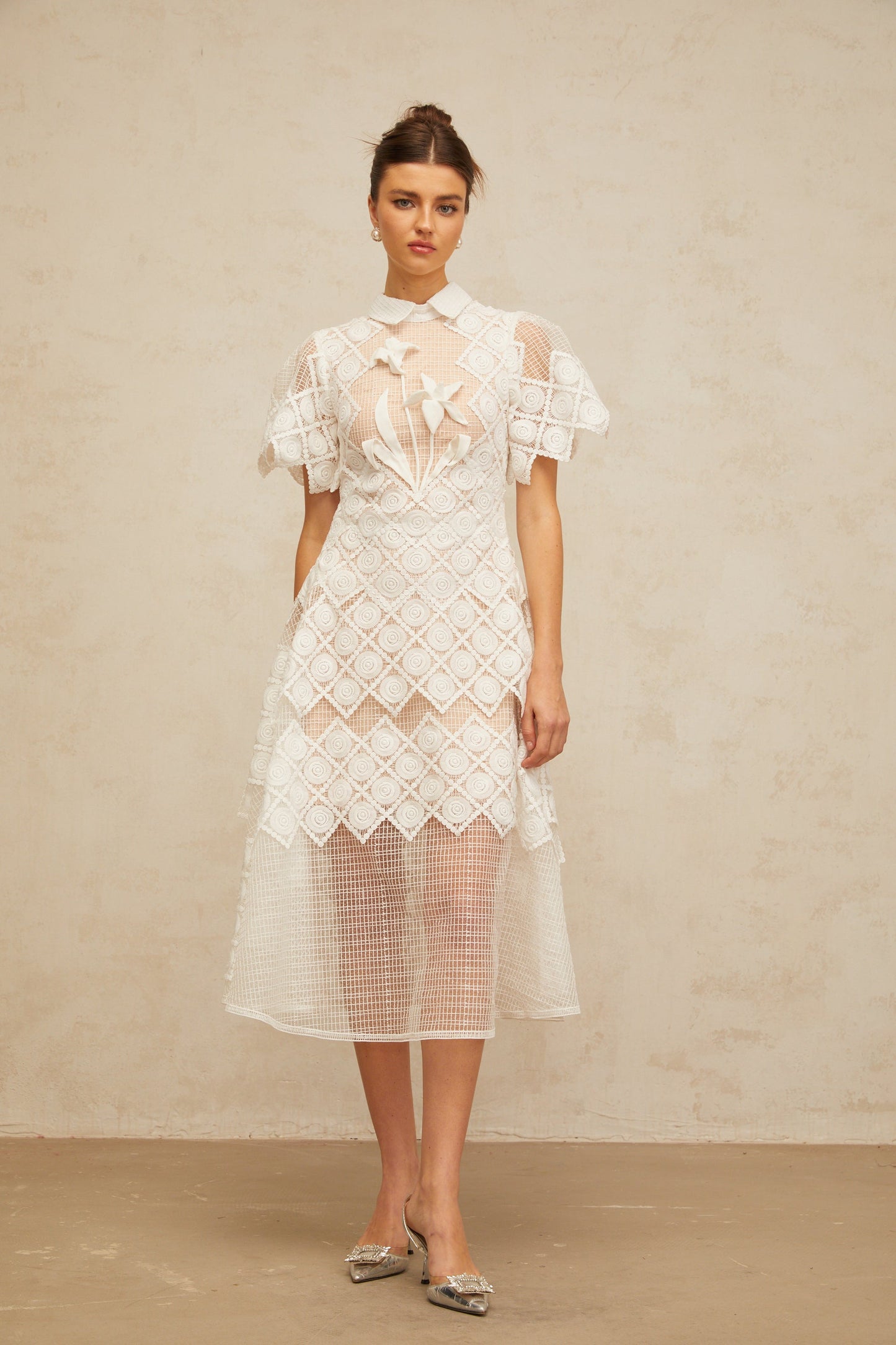 Yasmine white floral-embroidered midi dress