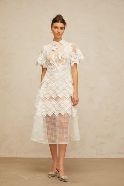 Yasmine white floral-embroidered midi dress