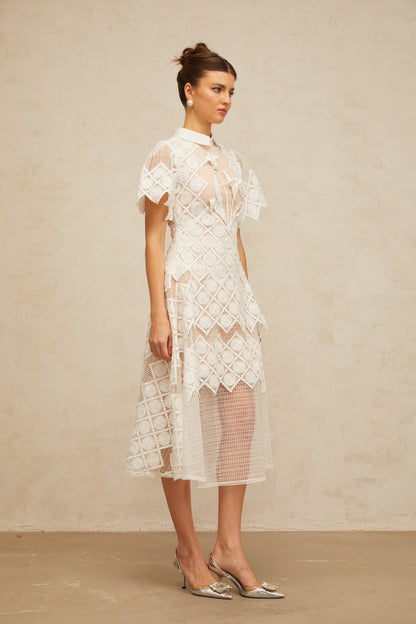 Yasmine white floral-embroidered midi dress