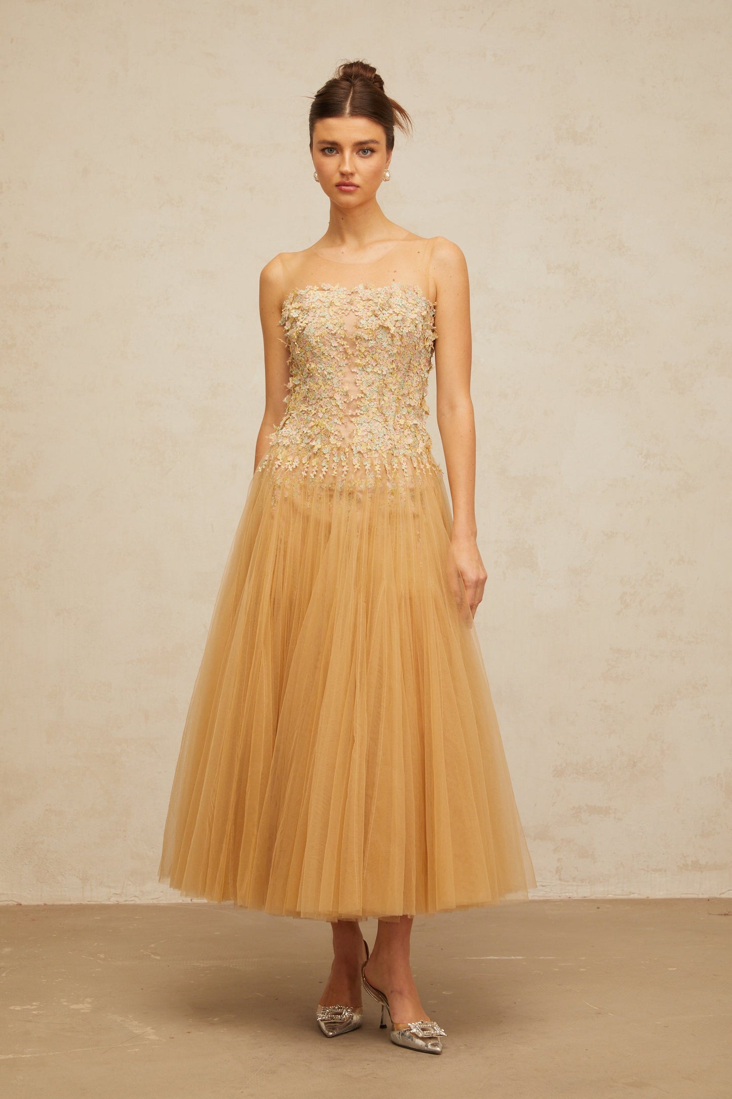 Aurore neutrals pleated sequined tulle midi dress