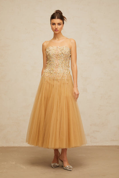 Aurore neutrals pleated sequined tulle midi dress
