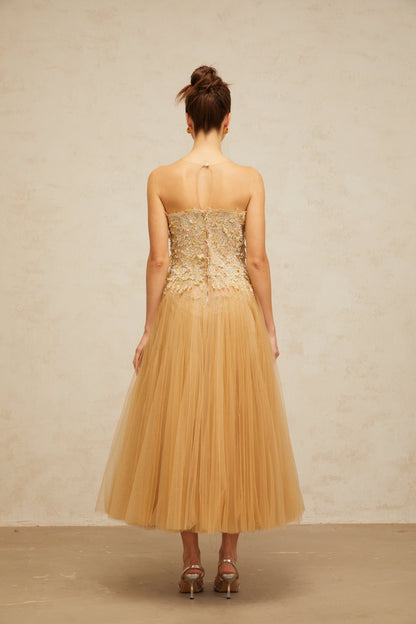 Aurore neutrals pleated sequined tulle midi dress