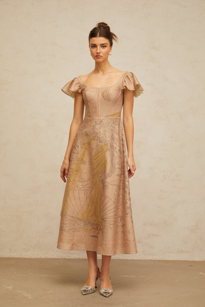 Giada khaki graphic-print flared midi dress