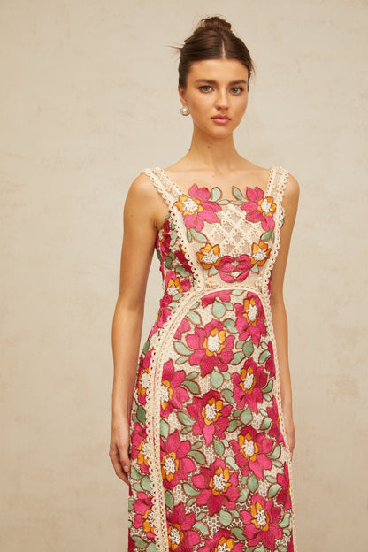 Nalini rose-pink braided floral-embroidered midi dress