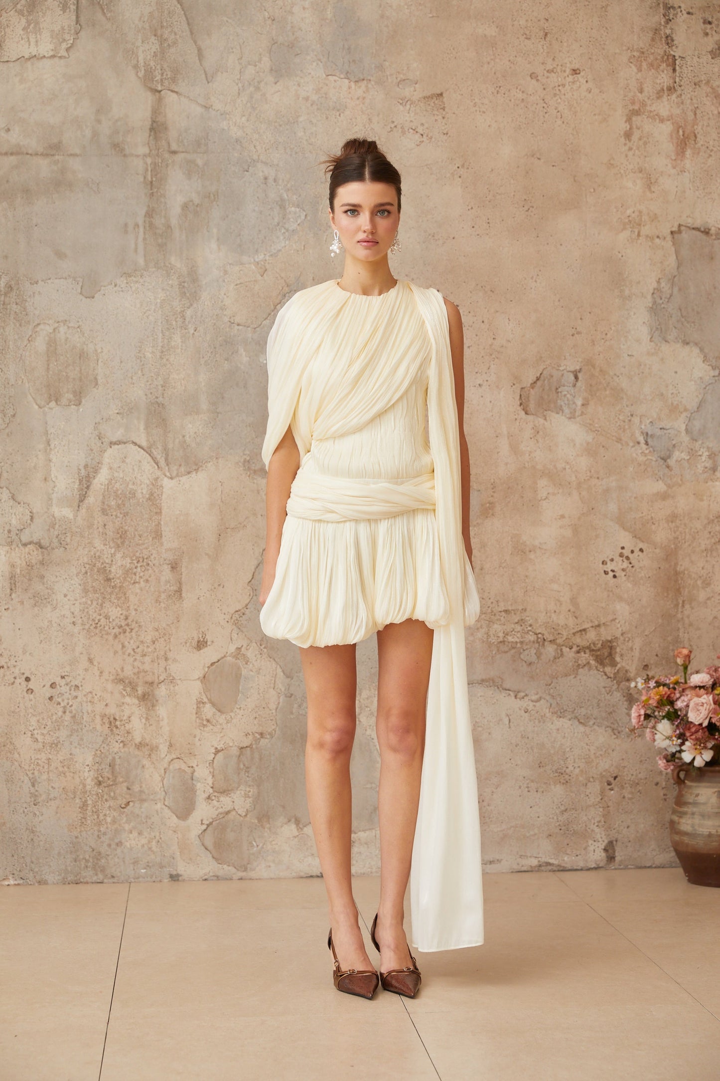 Cyrielle Pleated Mini Dress with Ribbon Design Accent