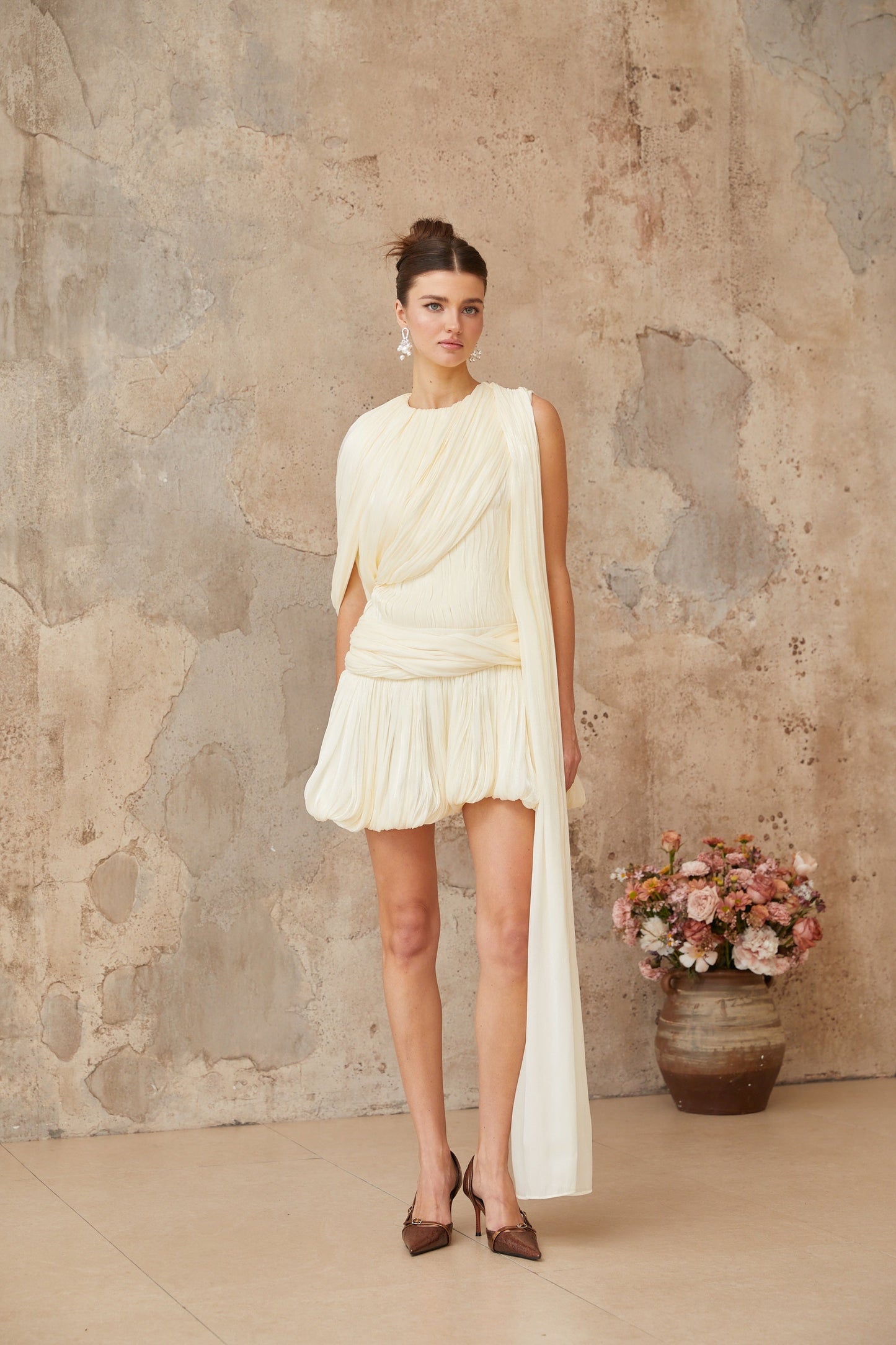 Cyrielle Pleated Mini Dress with Ribbon Design Accent