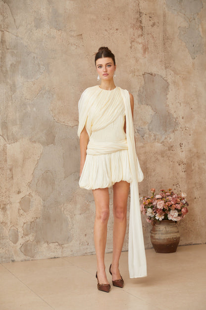 Cyrielle Pleated Mini Dress with Ribbon Design Accent