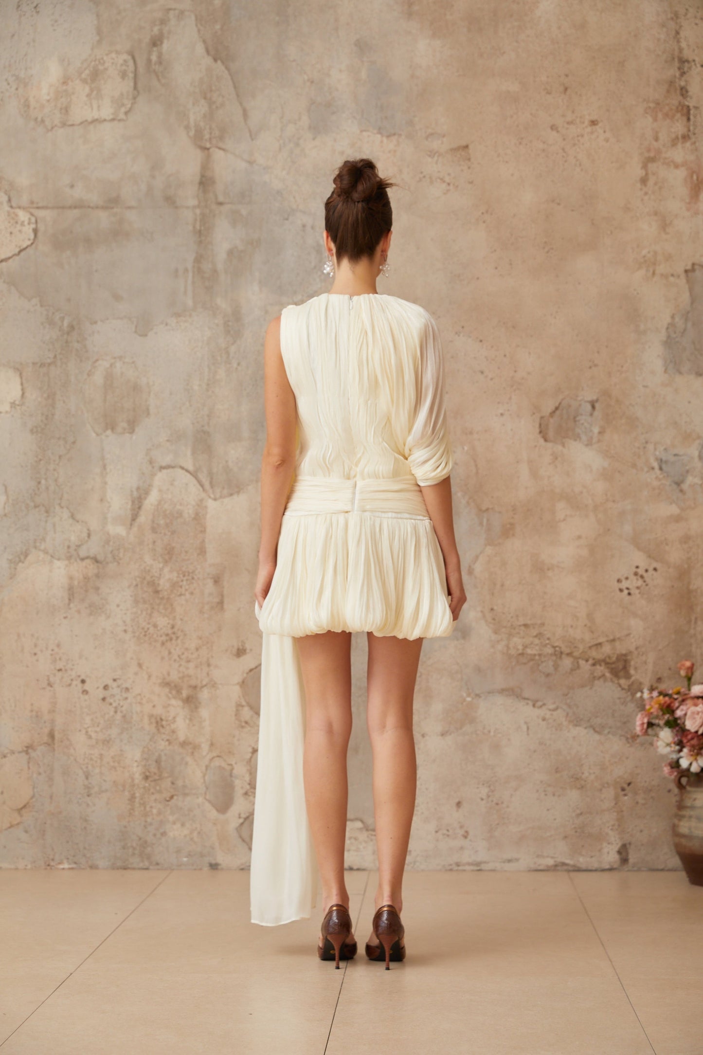 Cyrielle Pleated Mini Dress with Ribbon Design Accent