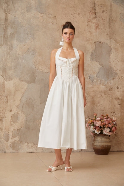 Dulcie white lace-up-detail shirred midi dress