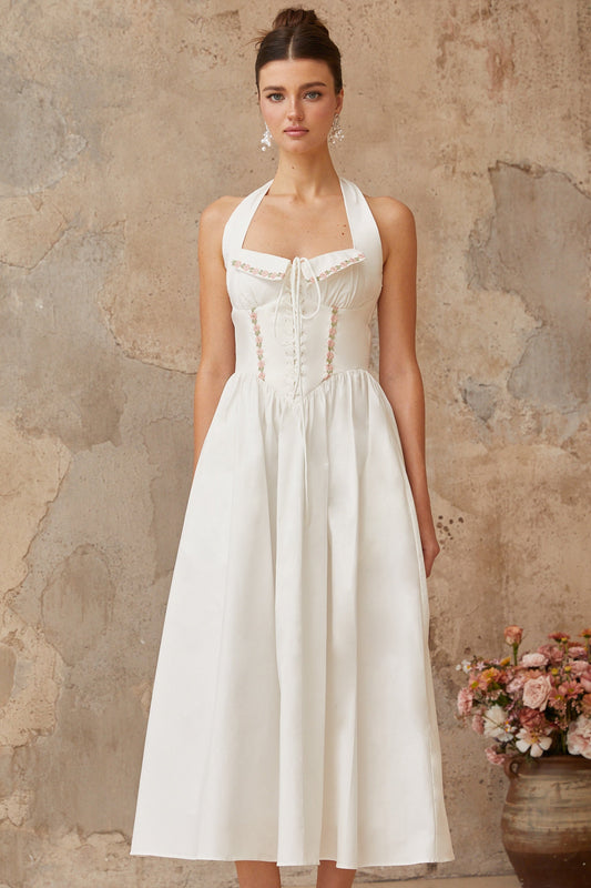 Dulcie white lace-up-detail shirred midi dress