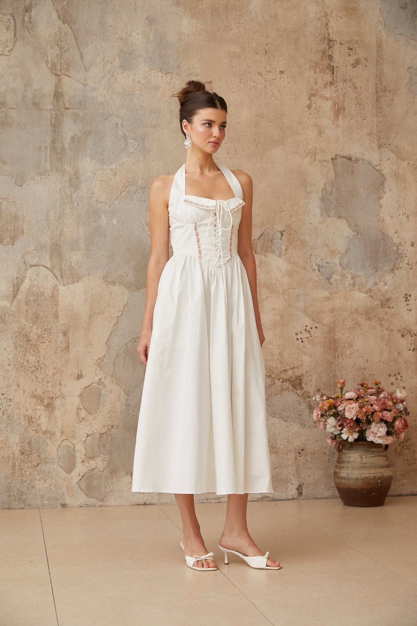 Dulcie white lace-up-detail shirred midi dress