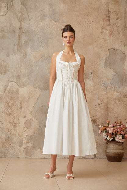 Dulcie white lace-up-detail shirred midi dress